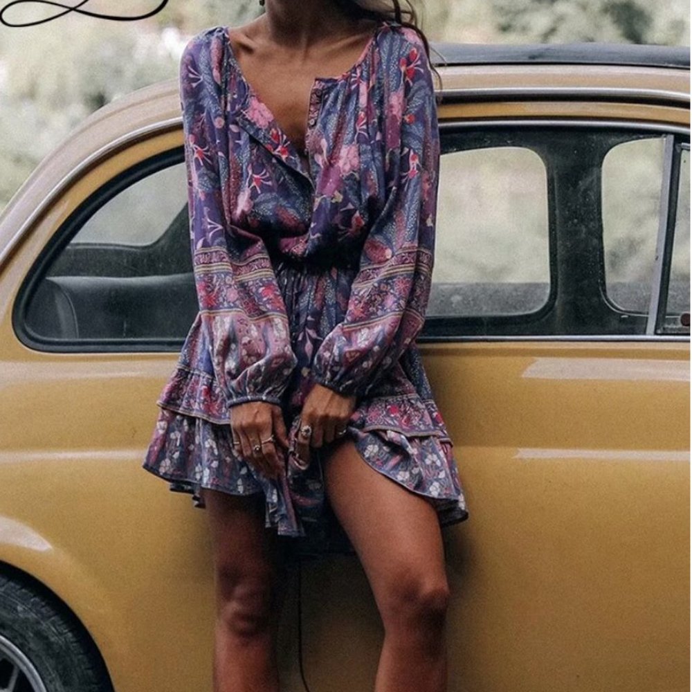 Bohemian Gypsy Purple Floral Print Mini Ruffle dress - Picture 5 of 16